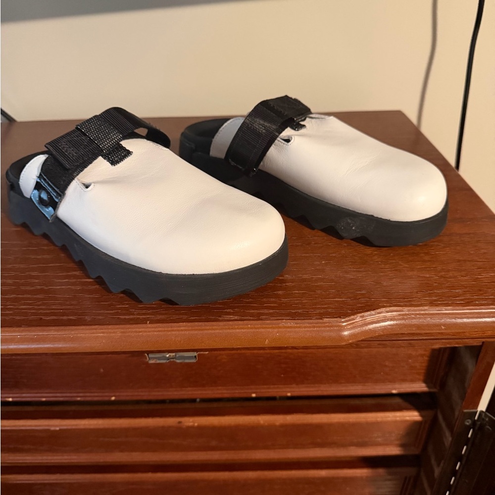 White Slip-On Clog with Black Strap and Lug Sole